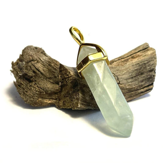 Green Fluorite Hexagonal Pointed Gemstone Pendant, Gold Plated Brass, Crystal Healing Pendant, Boho Hippie Crystal 