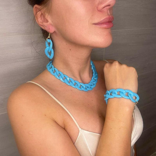 handmade gift for her, Jewelry set - Earring, Necklace, Bracelet, Acrylic Blue Chain Choker,  For Women Bijoux Fashion 