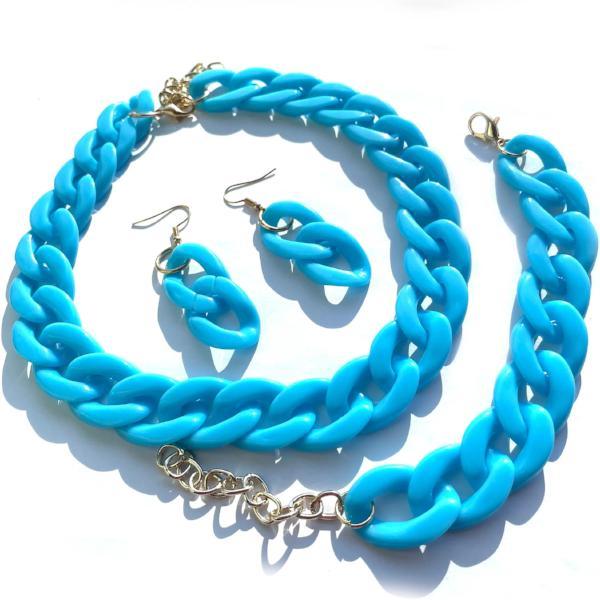 handmade gift for her, Jewelry set - Earring, Necklace, Bracelet, Acrylic Blue Chain Choker,  For Women Bijoux Fashion 