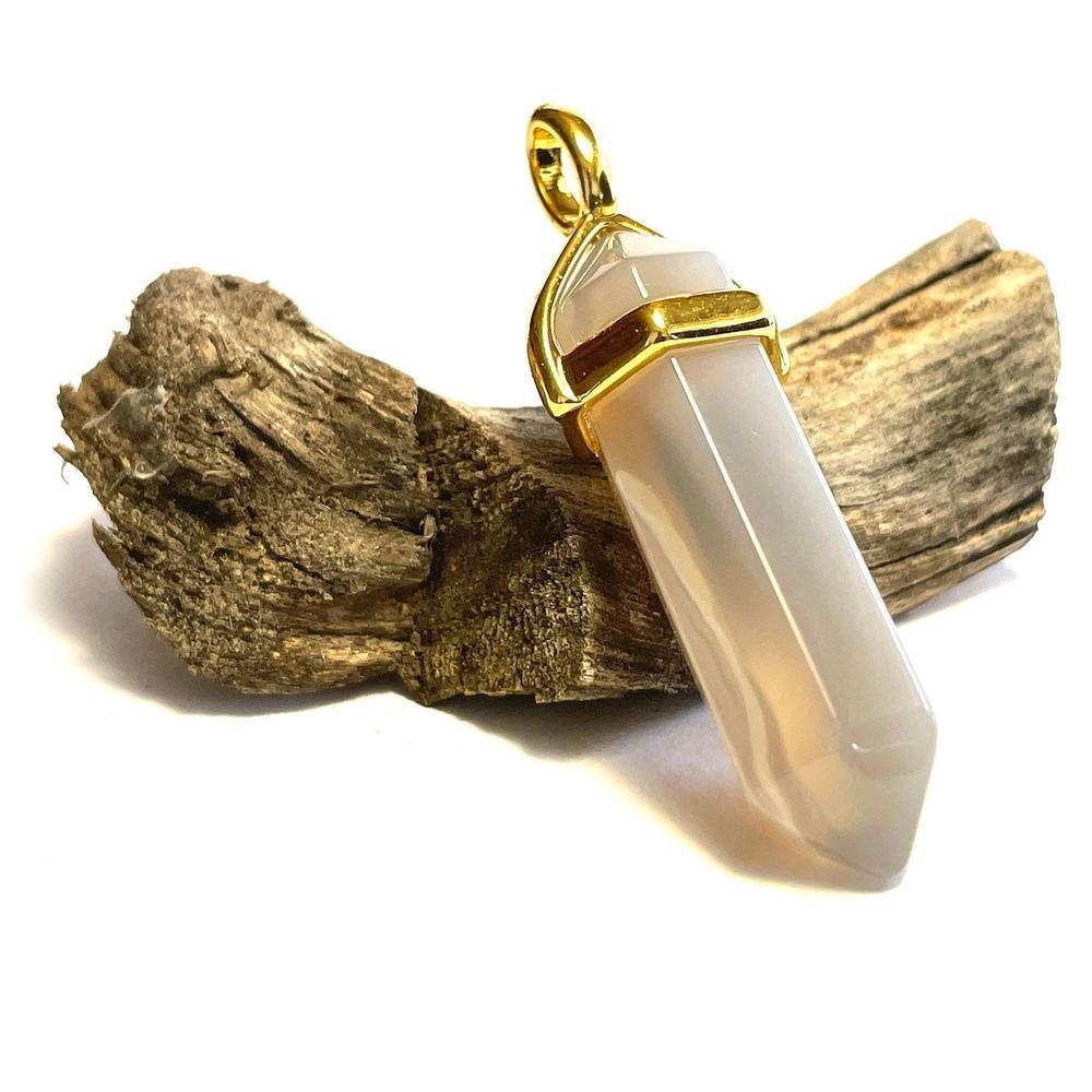 Hexagonal Gray Agate Pointed Gemstone Crystal Healing Pendant, Gold Plated Brass 