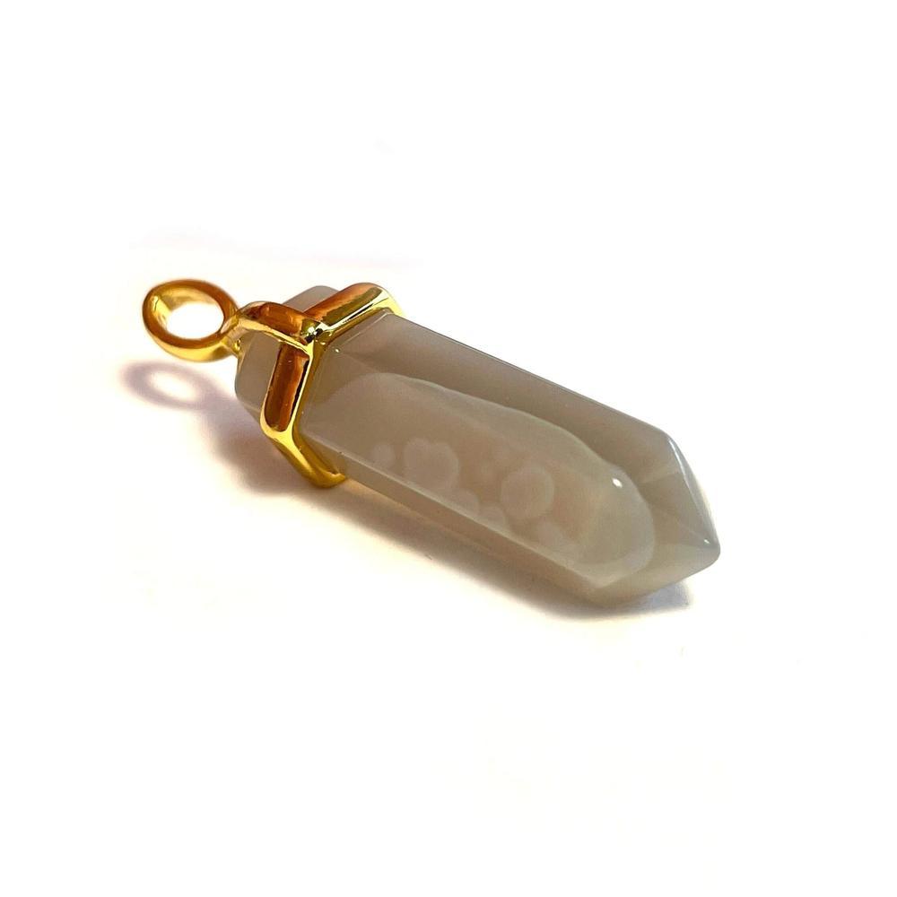 Hexagonal Gray Agate Pointed Gemstone Crystal Healing Pendant, Gold Plated Brass 