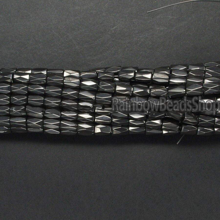 Jet Black  Faceted Tube Hematite beads, 100pcs 5x8mm 