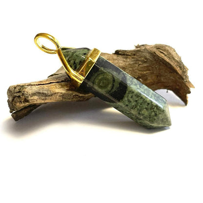 Kambaba Rhyolite Jasper Hexagonal Pointed Gemstone Pendant, Gold Plated Brass, Crystal Healing Pendant, Boho Hippie Crystal 