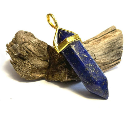 Lapis Hexagonal Pointed Gemstone Pendant, Gold Plated Brass, Crystal Healing Pendant, Boho Hippie Crystal 