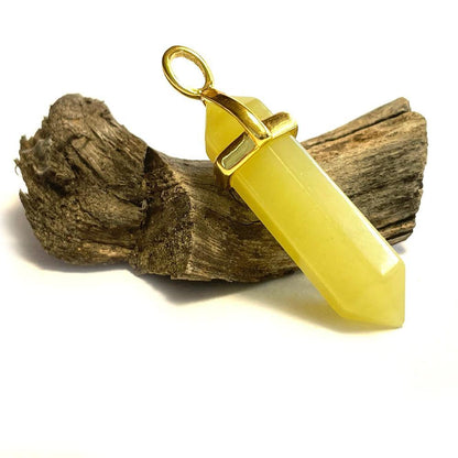 Lemon Jade Hexagonal Pointed Gemstone Pendant, Gold Plated Brass, Crystal Healing Pendant, Boho Hippie Crystal 