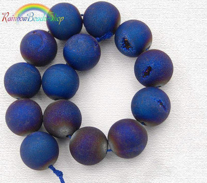 Metallic Royal Blue Agate Druzy Beads, Round 6-16mm, 15.5' inch strand 