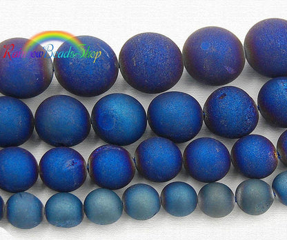 Metallic Royal Blue Agate Druzy Beads, Round 6-16mm, 15.5' inch strand 