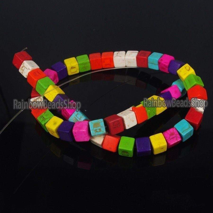 Mixed  Cube Howlite Beads, 8mm Square Stone, 16'' strand 