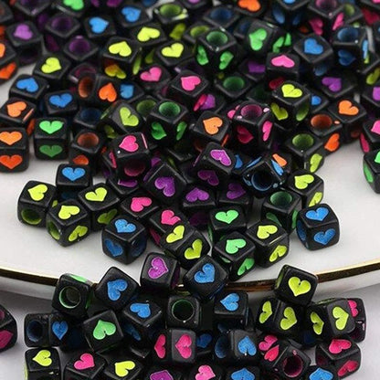 Mixed Heart Cube Black Acrylic Beads, 6mm Carved Square Symbo  plastic Cube Beads, 100 pcs 