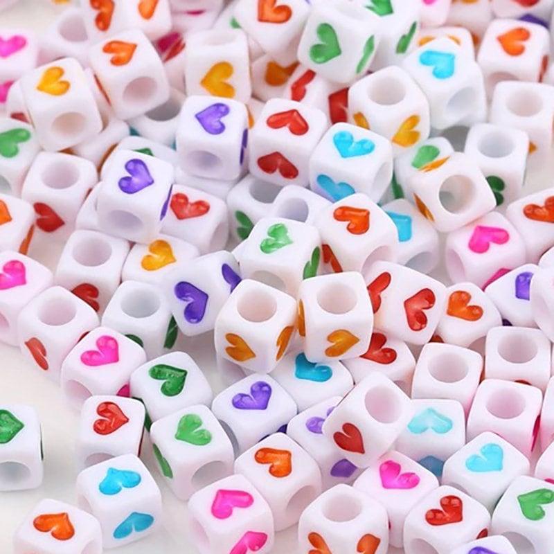 Mixed Heart Cube White Acrylic Beads, 6mm Carved Square Symbo  plastic Cube Beads, 100 pcs 