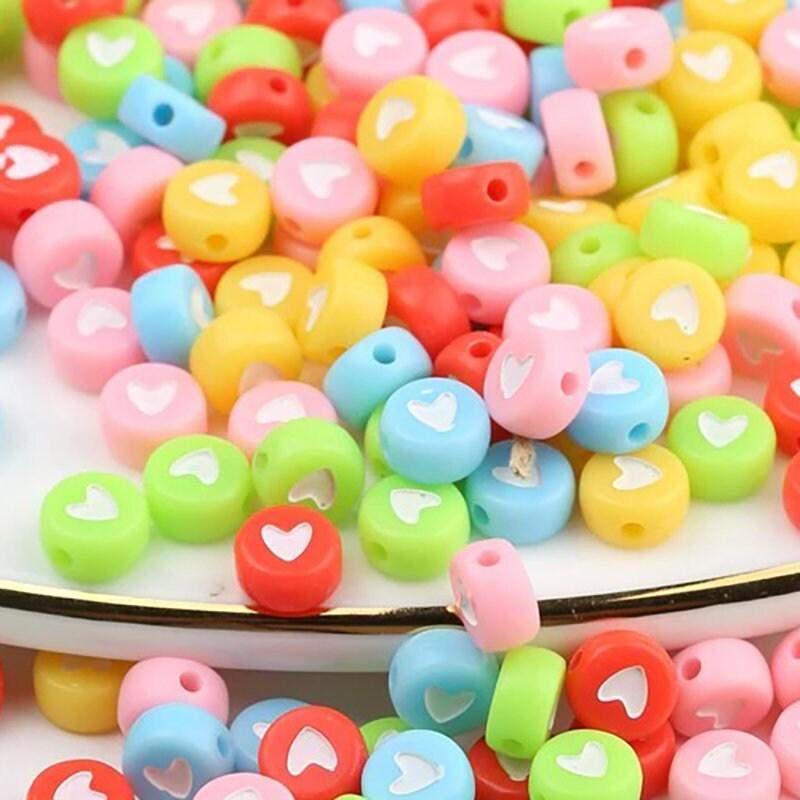 Mixed Heart flat round Acrylic Beads, 7mm Coloured Mixed plastic Carved beads, 100pcs 