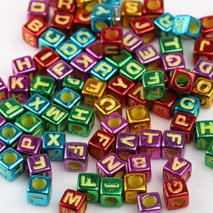 Mixed metallic Letter Cube Beads, 6mm Alphabet plastic Carved Square Symbo Beads, 100pcs 