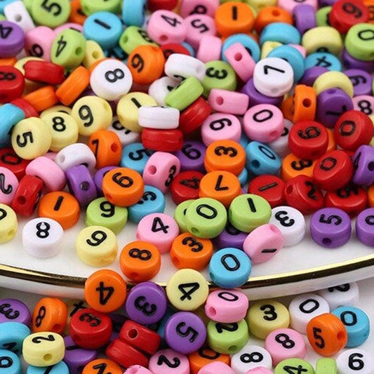 Mixed numbers flat round Acrylic Beads, 7mm Coloured Mixed plastic Carved beads, 100pcs 