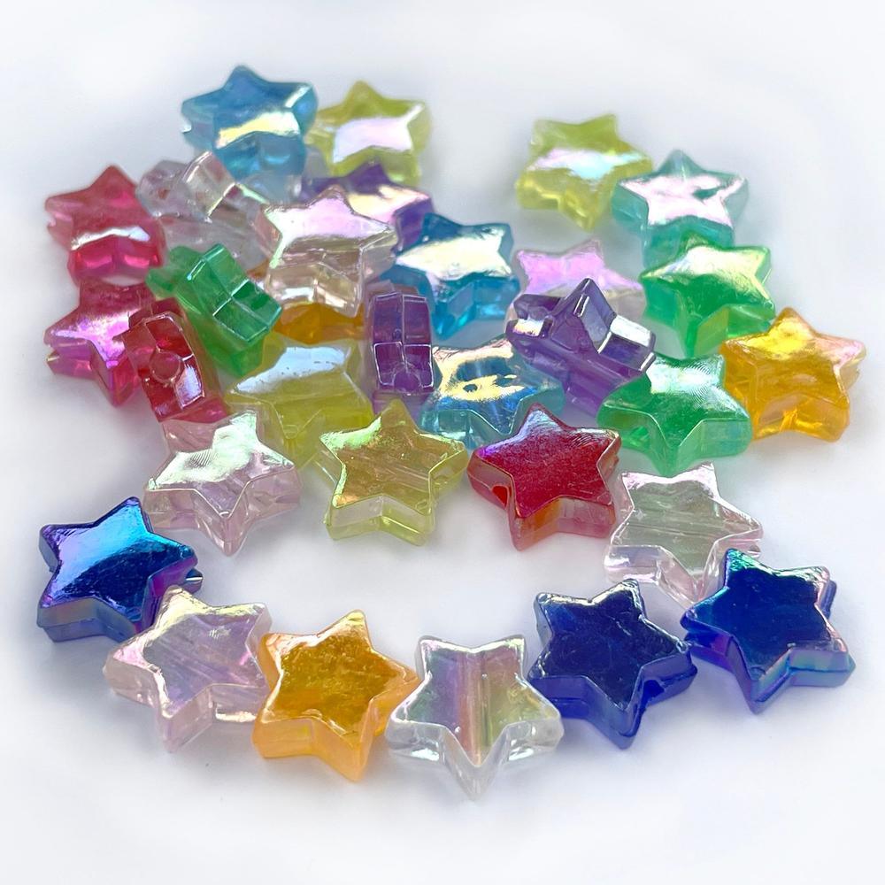 Multi coloured transparent acrylic star beads, 11x4mm Holographic flat Five-pointed Star beads vibrant AB rainbow beads 100pcs, Art Supplies 
