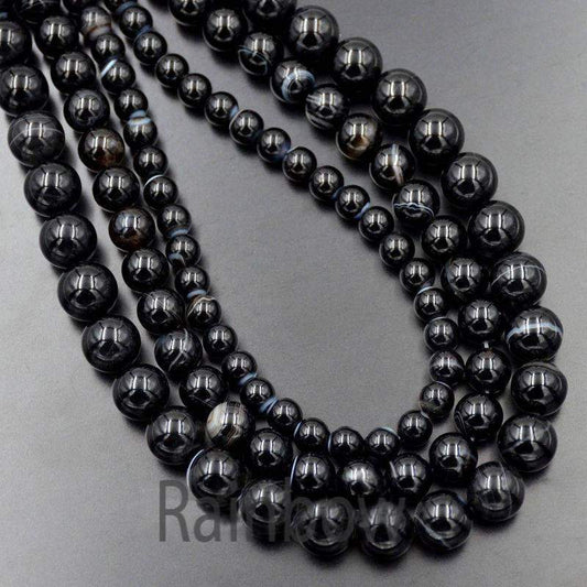 Natural Black Banded Agate Round Beads, 4-10mm, 15.5'' inch strand 