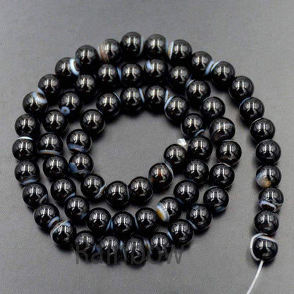 Natural Black Banded Agate Round Beads, 4-10mm, 15.5'' inch strand 