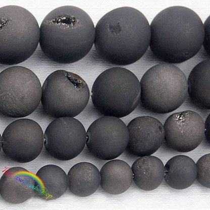 Natural Dark Grey Druzy Agate Beads, Round, 8-14mm, 15.5'' inch strand 