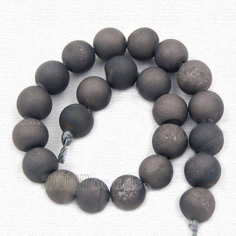 Natural Dark Grey Druzy Agate Beads, Round, 8-14mm, 15.5'' inch strand 