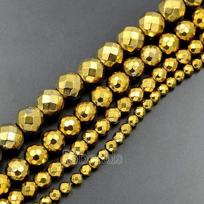 Natural Faceted Gold Hematite Beads, Round, 15.5''' full strand 