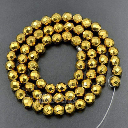 Natural Faceted Gold Hematite Beads, Round, 15.5''' full strand 