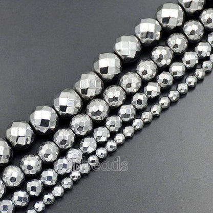 Natural Faceted Silver Hematite Beads, Round   15.5''' full strand 