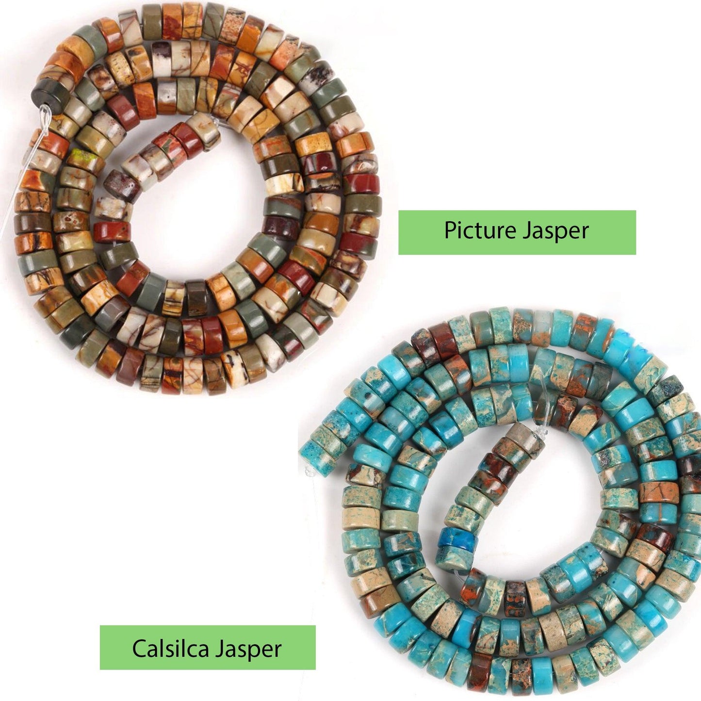 Natural heishi gemstone beads, 4mm disc tyre stone turquoise jasper, semiprecious stones on strand 