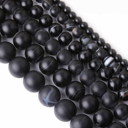 Natural Matte Frosted Black Stripe Agate Beads, 6-12mm Round 