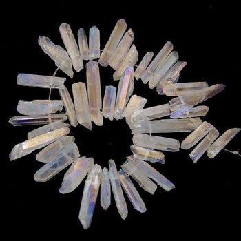 Natural Metallic Clear AB Druzy Quartz spike Titanium Coated Stick beads, 15.5'' strand 