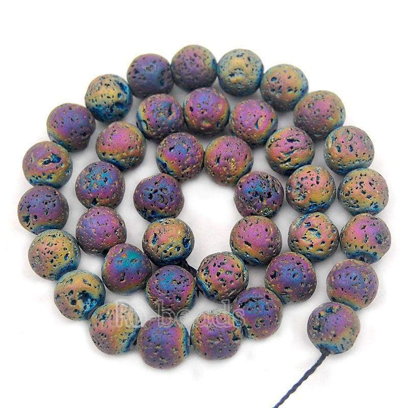 Natural Multi colored Volcanic Lava Beads Titanium Coated, 4-12mm Round Jewelry Gemstone, 15.5'' strand 
