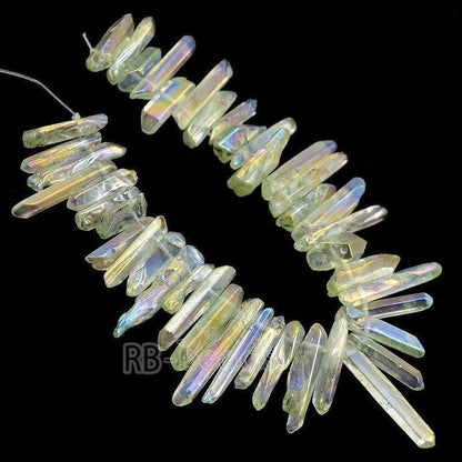 Natural polished Green AB Druzy Quartz spike Titanium Coated Stick beads, 15.5 str 