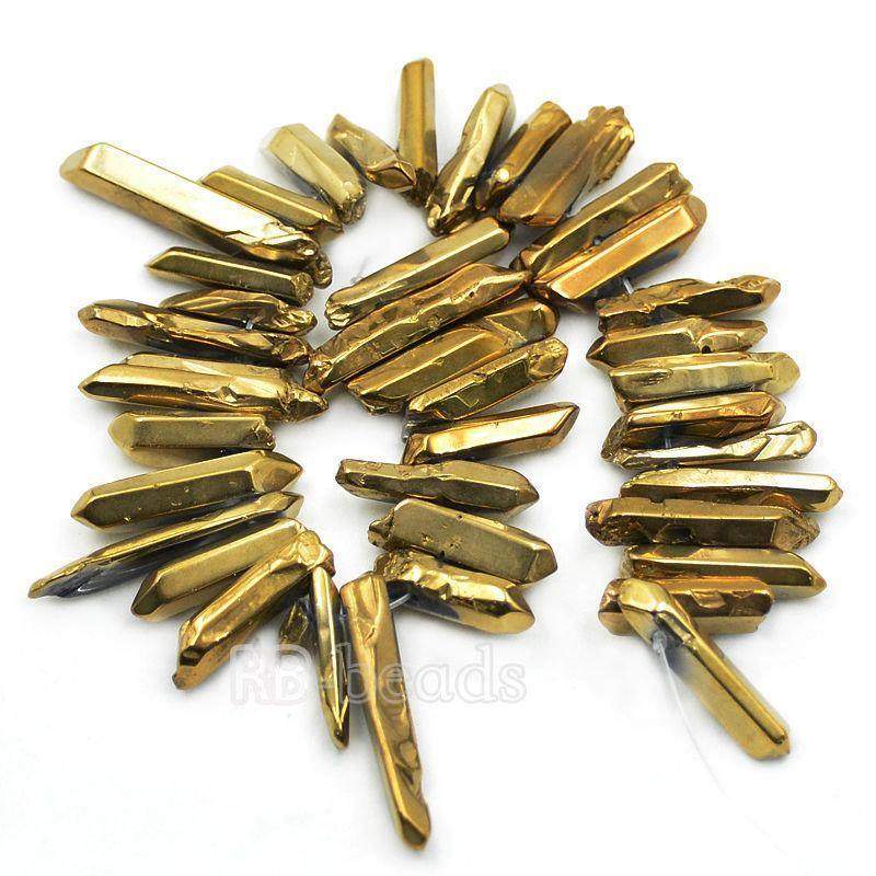 Natural polished metallic Gold Druzy Quartz spike Titanium Coated Stick beads, 15.5 strand 