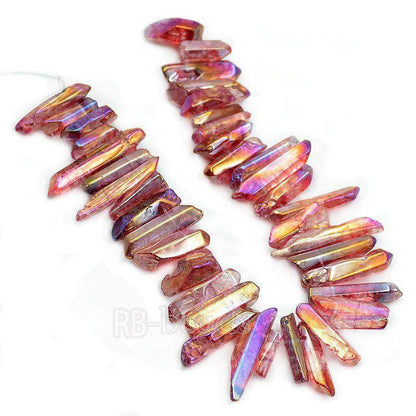 Natural polished Rose AB Druzy Quartz spike Titanium Coated Stick beads, 15.5 str 