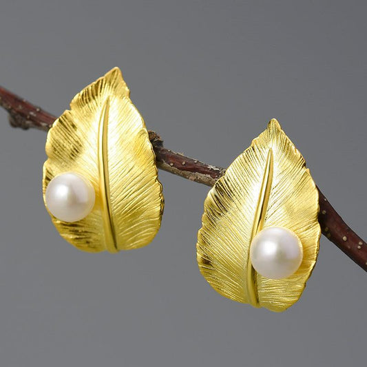 Pearl Unusual Leaf Stud Earring 