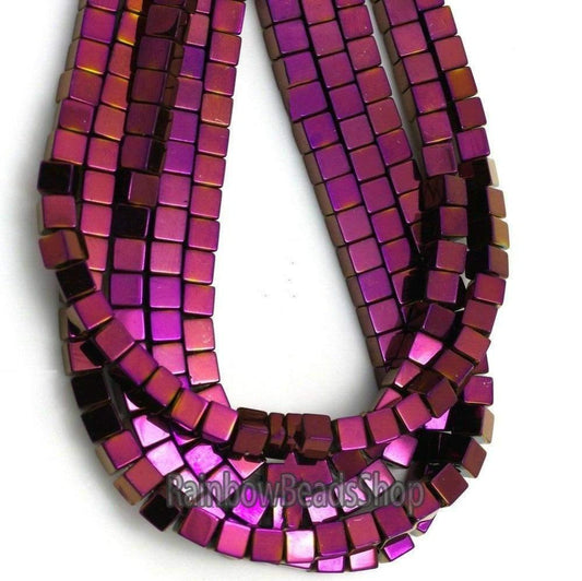 Purple  Hematite Square Cube Metallic Beads, 2-4mm, 16'' strand 
