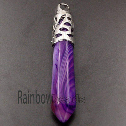 Purple Stripe Agate Pendant, Crystal healing Stone, Gold/Silver 58mm 