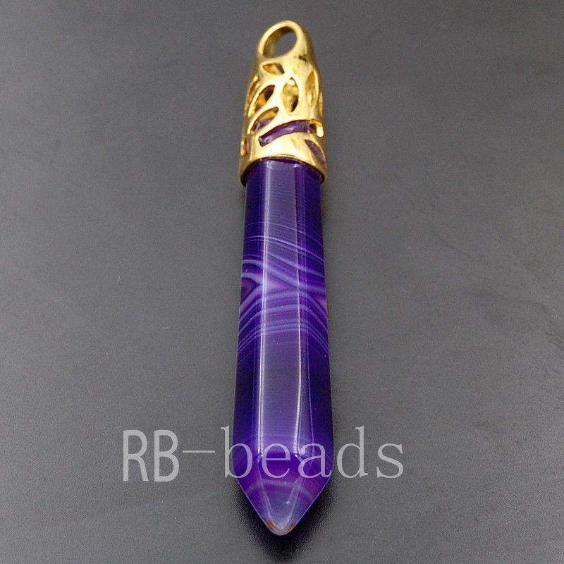 Purple Stripe Agate Pendant, Crystal healing Stone, Gold/Silver 58mm 
