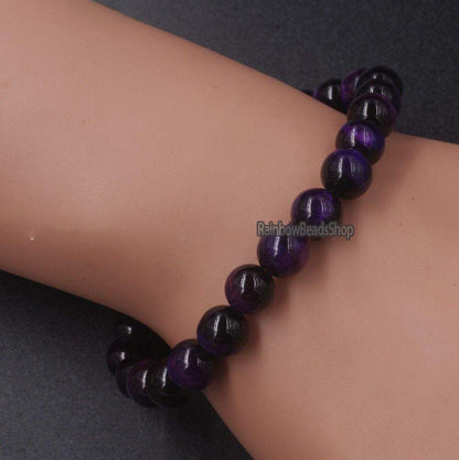 Purple tiger eye gemstone stretch bracelet,  6-12mm