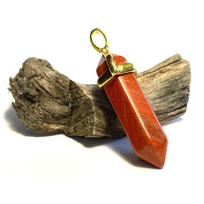 Red Jasper Hexagonal Pointed Gemstone Pendant, Gold Plated Brass, Crystal Healing Pendant, Boho Hippie Crystal 