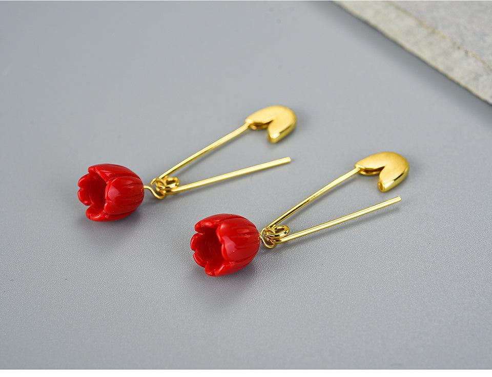 Red Rose on a Safety Pin Earring 