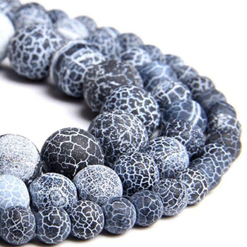 Round Matte Frosted Black Fire Crackle Agate beads, 4-14mm 15.5 strand 