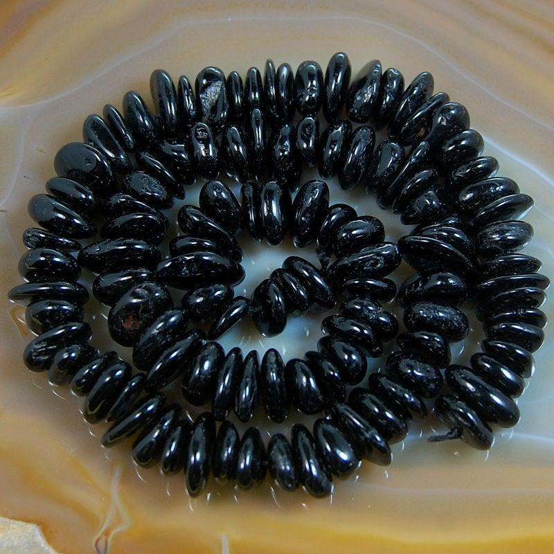 semiprecious Natural Black Tourmaline Freeform Rondelle Disk Beads, Spacer Loose Stone beads,  Jewelry beads 3-5x8-13mm, 15'' strand 