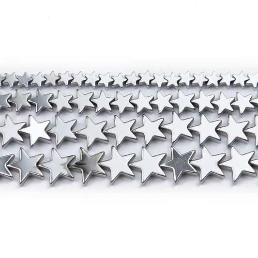 Silver Flat Star Hematite  beads, 4- 10mm, 16'' strand 