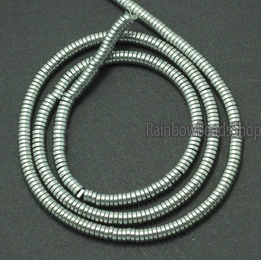 Silver Heishi Coin Hematite Beads, 1-6mm 16'' strand 