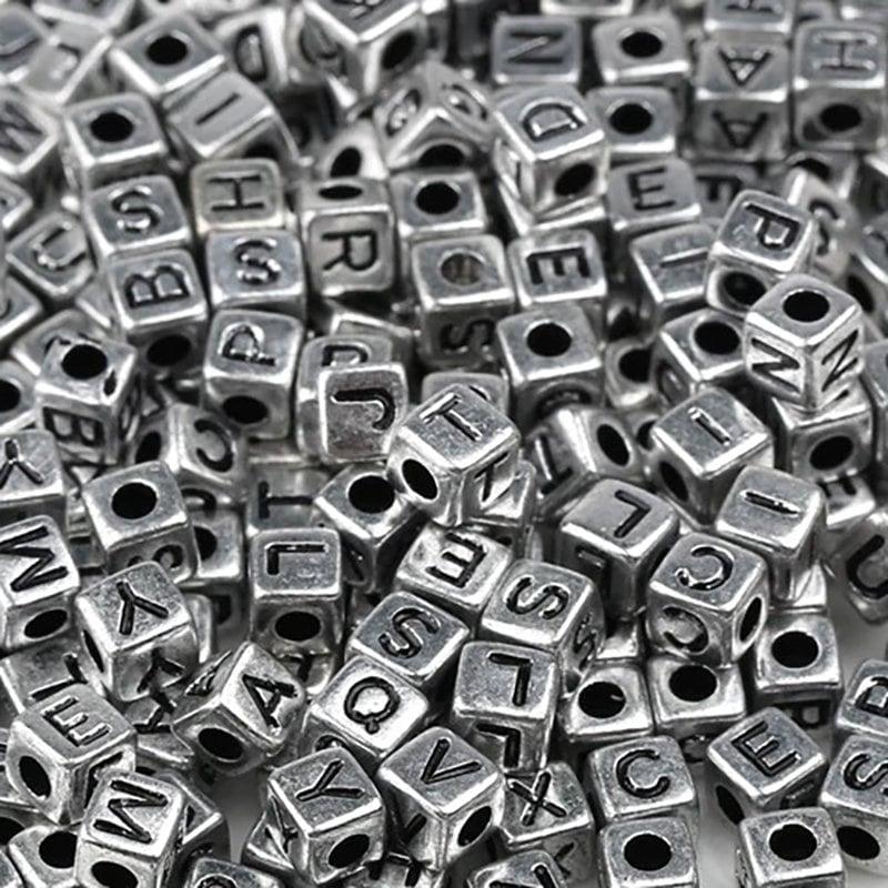 Silver Letter Cube Beads, 6mm Alphabet plastic Carved Square Symbo Beads, 100pcs 