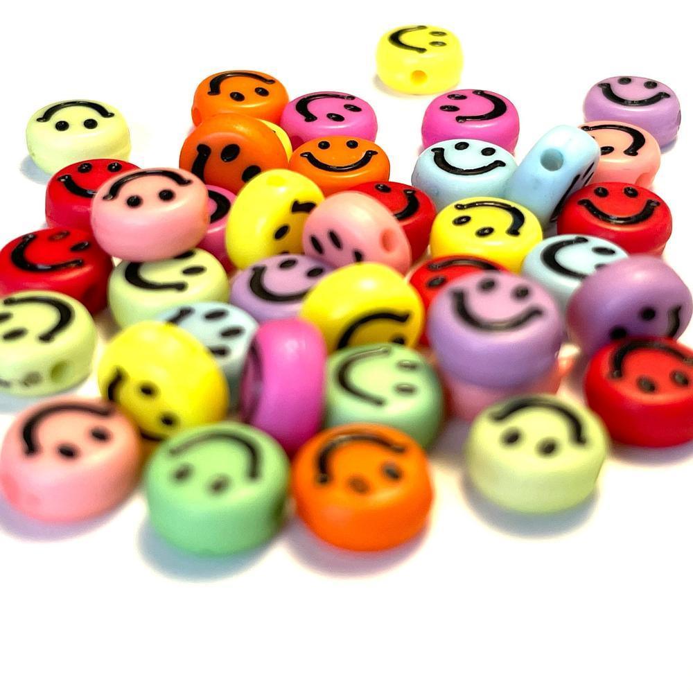 Smiley Face Round Flat Beads, 7mm Emoji Beads, Happy Face Beads, Plastic Round Beads, 100 pcs Red, Yellow, Blue, Green, Pink 