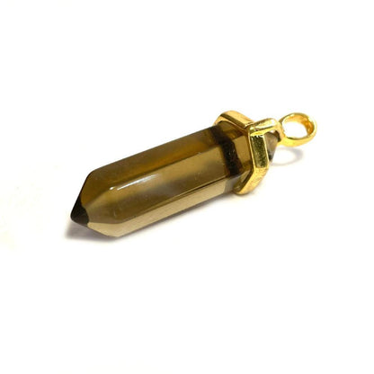 Smoky Quartz Hexagonal Pointed Gemstone Pendant, Gold Plated Brass, Crystal Healing Pendant, Boho Hippie Crystal 