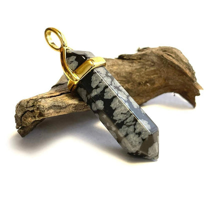 Snow Flake Obsidian Hexagonal Pointed Gemstone Pendant, Gold Plated Brass, Crystal Healing Pendant, Boho Hippie Crystal 