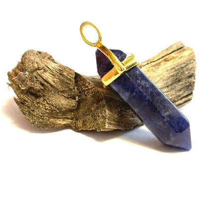 Sodalite Hexagonal Pointed Gemstone Pendant, Gold Plated Brass, Crystal Healing Pendant, Boho Hippie Crystal 