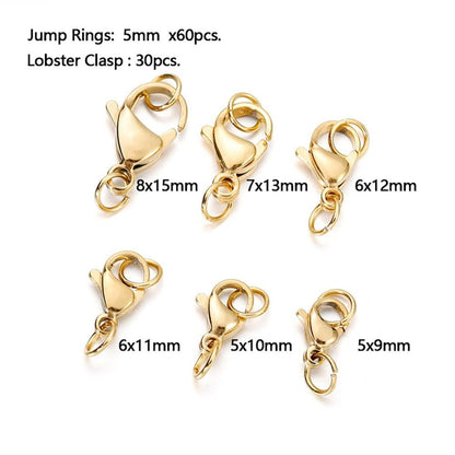 Stainless Steel, Gold Plated Lobster Clasp with Jump Rings, 30Pcs 