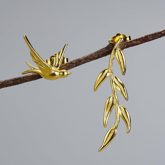 Swallow Willow Branch Asymmetrical Earrings 